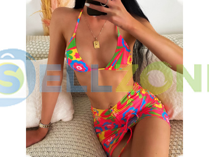 Σετ μαγιό παραλίας με μοτίβα λουλουδιών τριών τεμαχίων - W0540-W0542